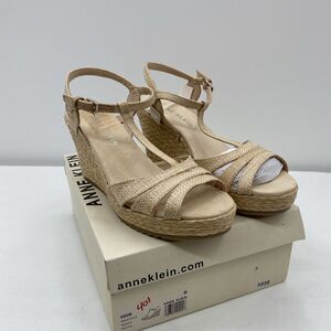 Anne Klein Womens Waves Beige Raffia Wedge Sandals 9 Medium (B,M)